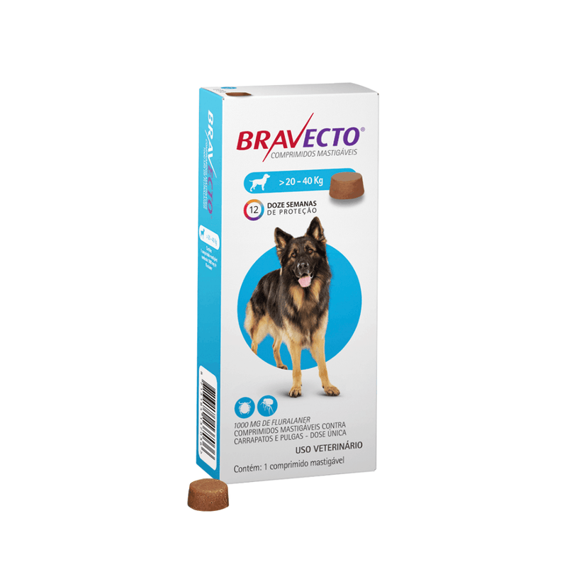 Antipulgas e Carrapatos Bravecto 20 a 40 kg Cães 1000mg 1 comprimido
