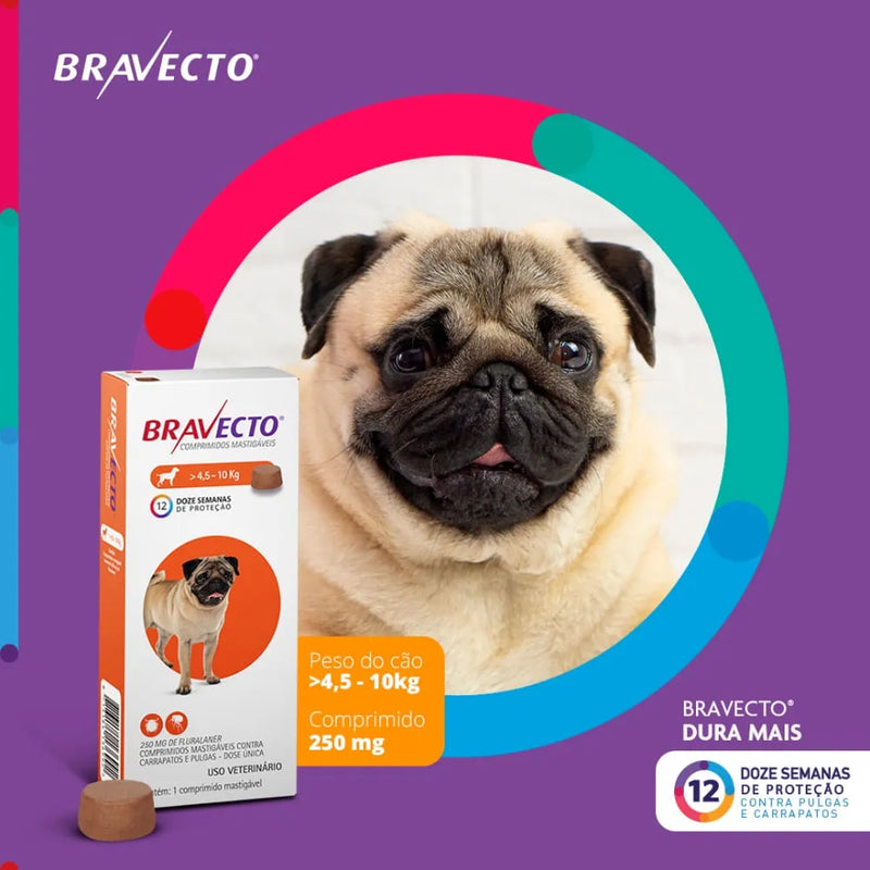 Antipulgas e Carrapatos Bravecto 4,5 a 10 kg para Cães 250mg 1 comprimido