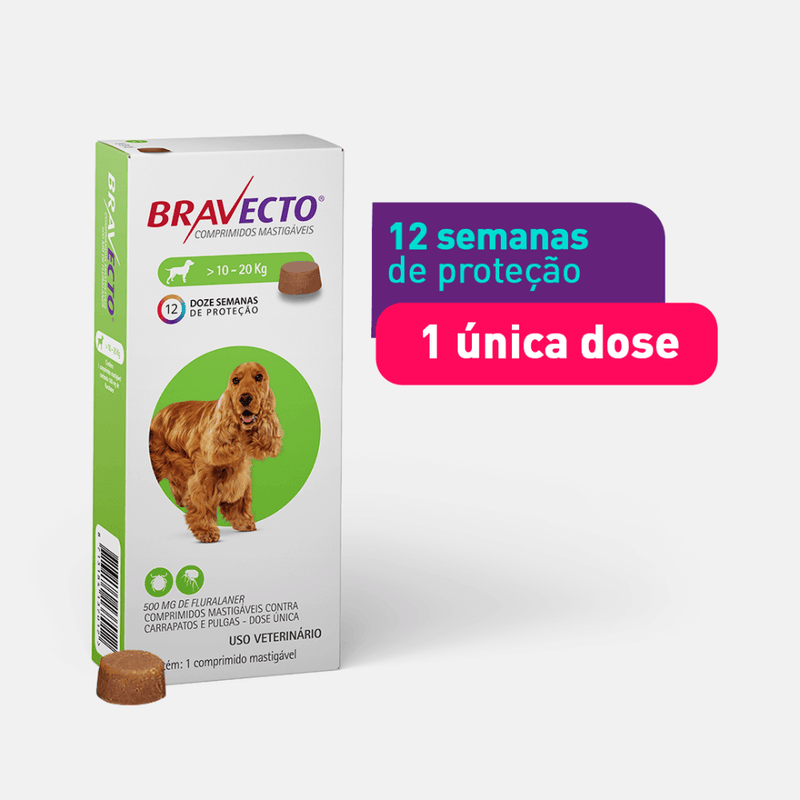 Antipulgas e Carrapatos Bravecto 10 kg a 20 kg Cães 500mg 1 comprimido