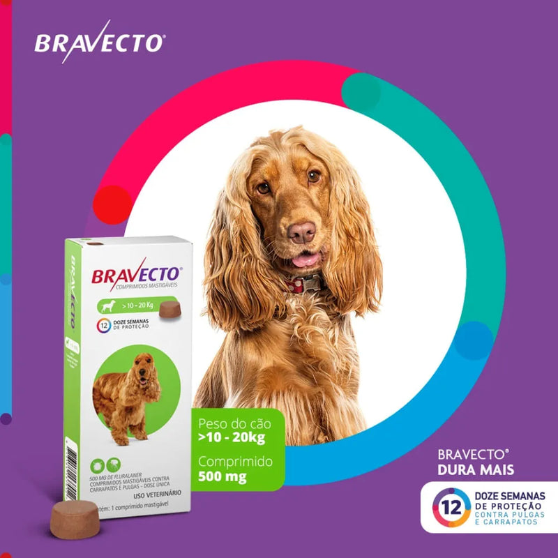Antipulgas e Carrapatos Bravecto 10 kg a 20 kg Cães 500mg 1 comprimido