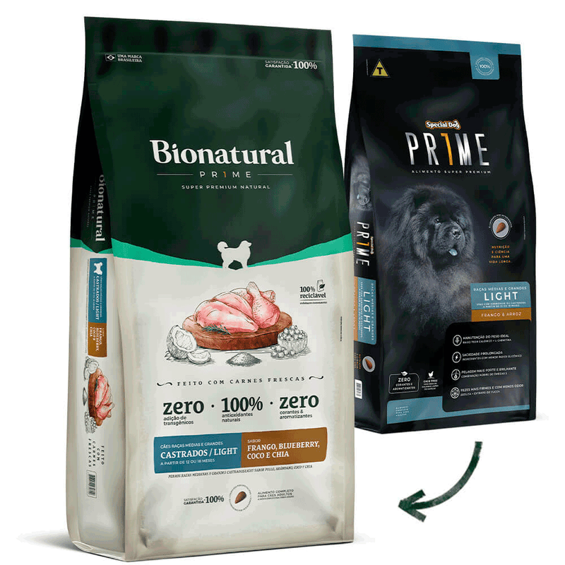 Ração Bionatural Prime Light Cães Adultos Raças Médias e Grandes Castrados Frango 15 kg