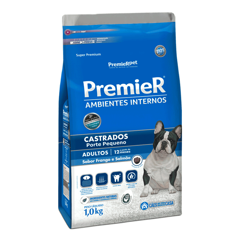 Ração Premier Ambientes Internos Cães Castrados Adultos Frango e Salmão